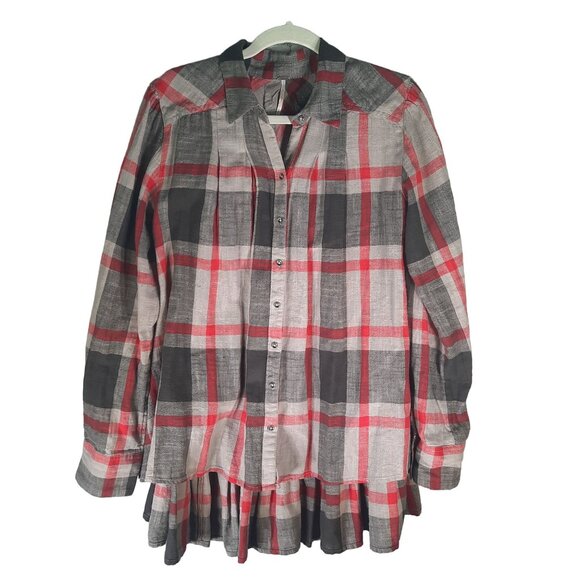 Free People Peppy In Plaid Gray Red Button Up Ruffle Back Oversized Blouse - Picture 3 of 11